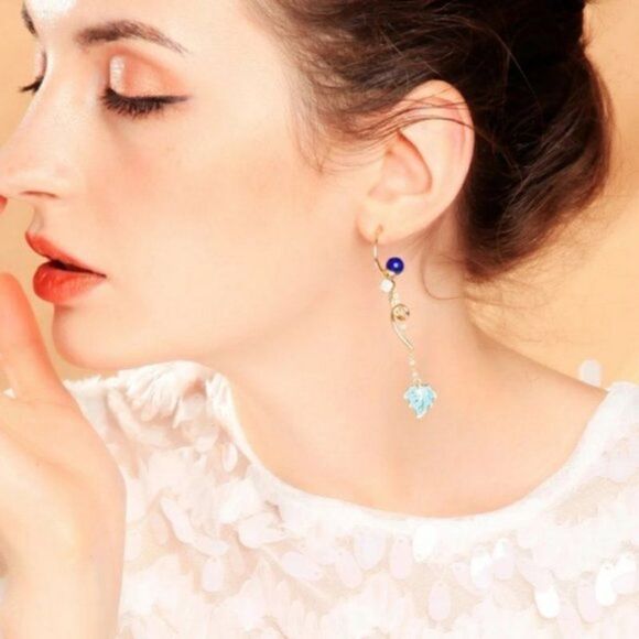 Enamel Glaze Natural Stone Leaf Gold Dangle Statement Earrings - Picture 2 of 8